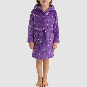 Purple star-print hooded bathrobe