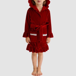Red velvet ruffled hooded bathrobe