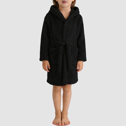 Black soft and fluffy hooded bathrobe