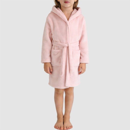 Pink soft and fluffy hooded fleece bathrobe