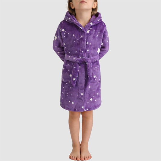 Purple star-print hooded bathrobe