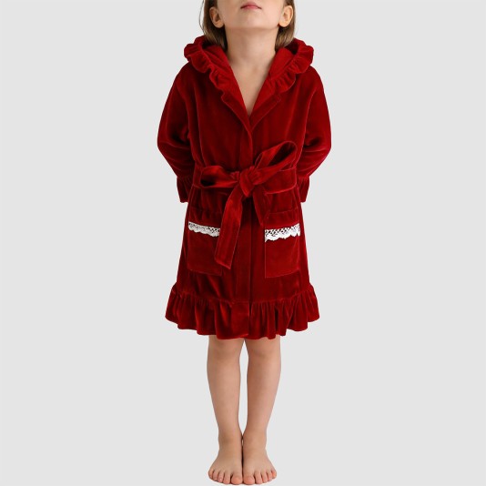 Red velvet ruffled hooded bathrobe