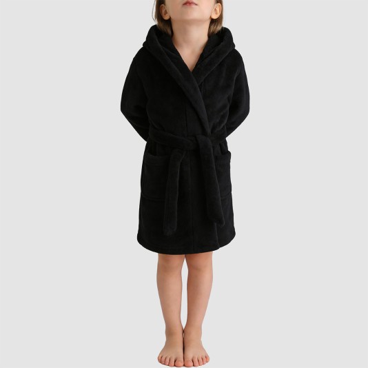 Black soft and fluffy hooded bathrobe