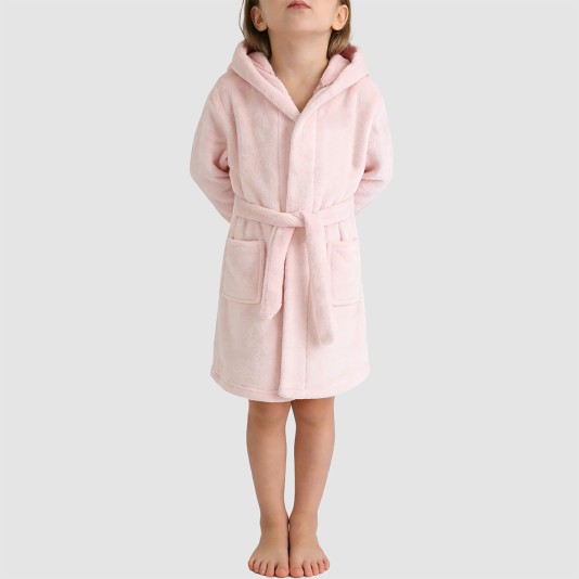 Pink soft and fluffy hooded fleece bathrobe