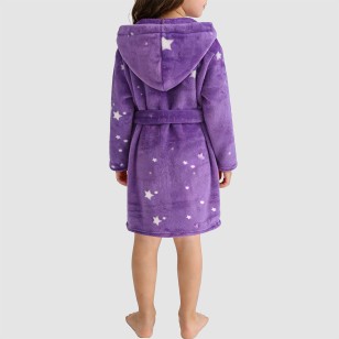 Purple star-print hooded bathrobe