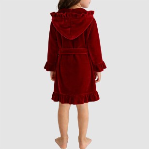 Red velvet ruffled hooded bathrobe