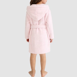 Pink soft and fluffy hooded fleece bathrobe