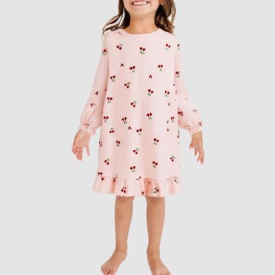 Cherry print round neck girls' nightgown