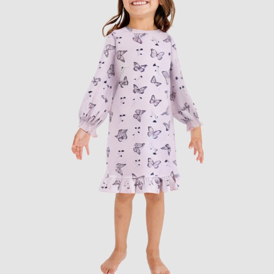 Butterfly print round neck girls' nightgown