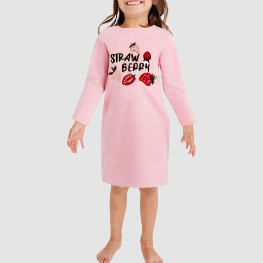 Pink simple round-neck girls' nightgown