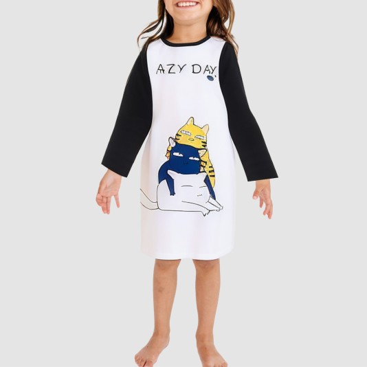 Color-blocked round neck loose-fitting girls' nightgown