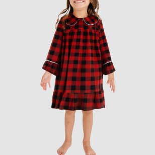 Comfortable plaid long-sleeved nightgown for girls