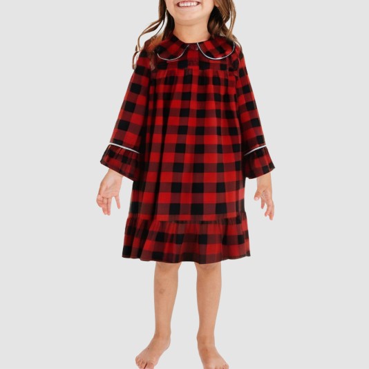Comfortable plaid long-sleeved nightgown for girls