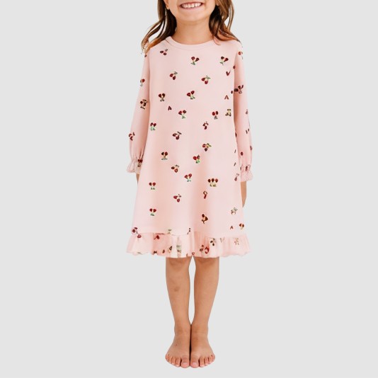 Cherry print round neck girls' nightgown
