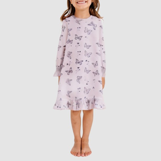 Butterfly print round neck girls' nightgown