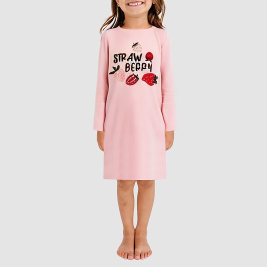 Pink simple round-neck girls' nightgown