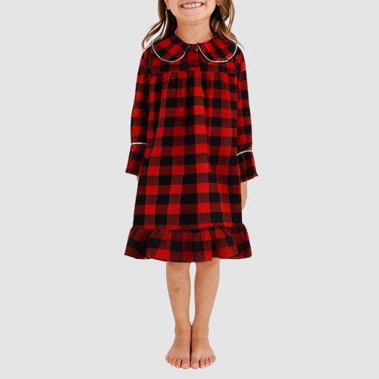 Comfortable plaid long-sleeved nightgown for girls