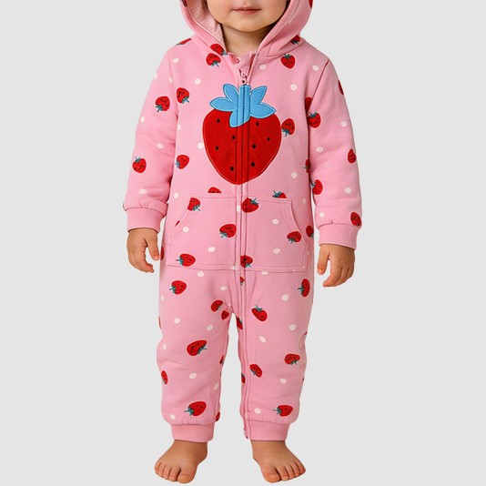 Strawberry print girls' thick onesie pajamas