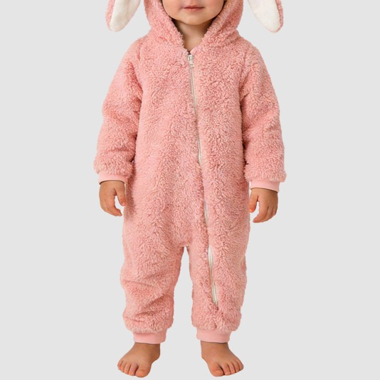 Rabbit ear coral fleece thick onesie pajamas for girls