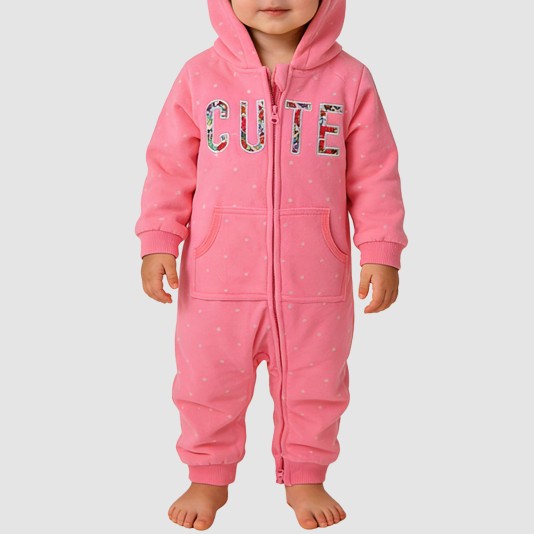 Hooded double zipper girls' thick onesie pajamas