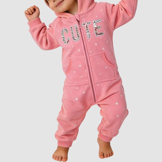 Hooded double zipper girls' thick onesie pajamas