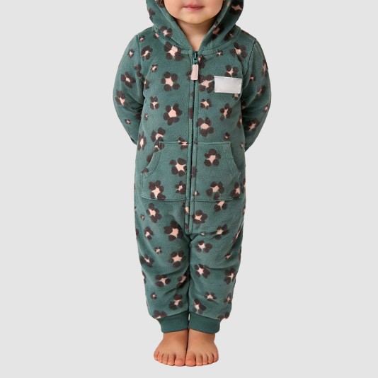 Printed zipper girls' thick onesie pajamas