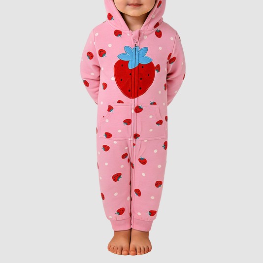 Strawberry print girls' thick onesie pajamas