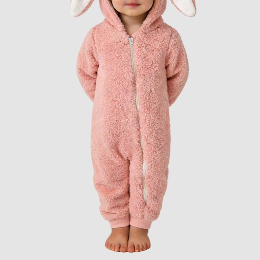 Rabbit ear coral fleece thick onesie pajamas for girls