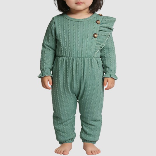 Green round-neck girls' one-piece pajamas