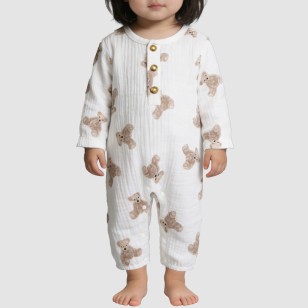 Bear print girls' thin onesie pajamas