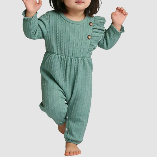 Green round-neck girls' one-piece pajamas
