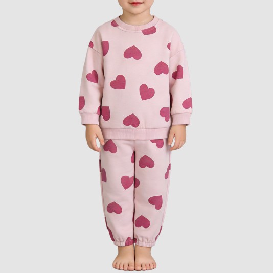 Heart-print comfortable girls' pajama set