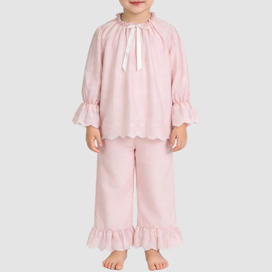 Simple pink pleated girls' pajama set